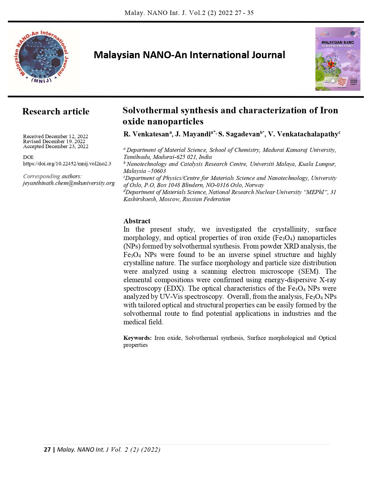 Solvothermal synthesis and characterization of Iron oxide nanoparticles