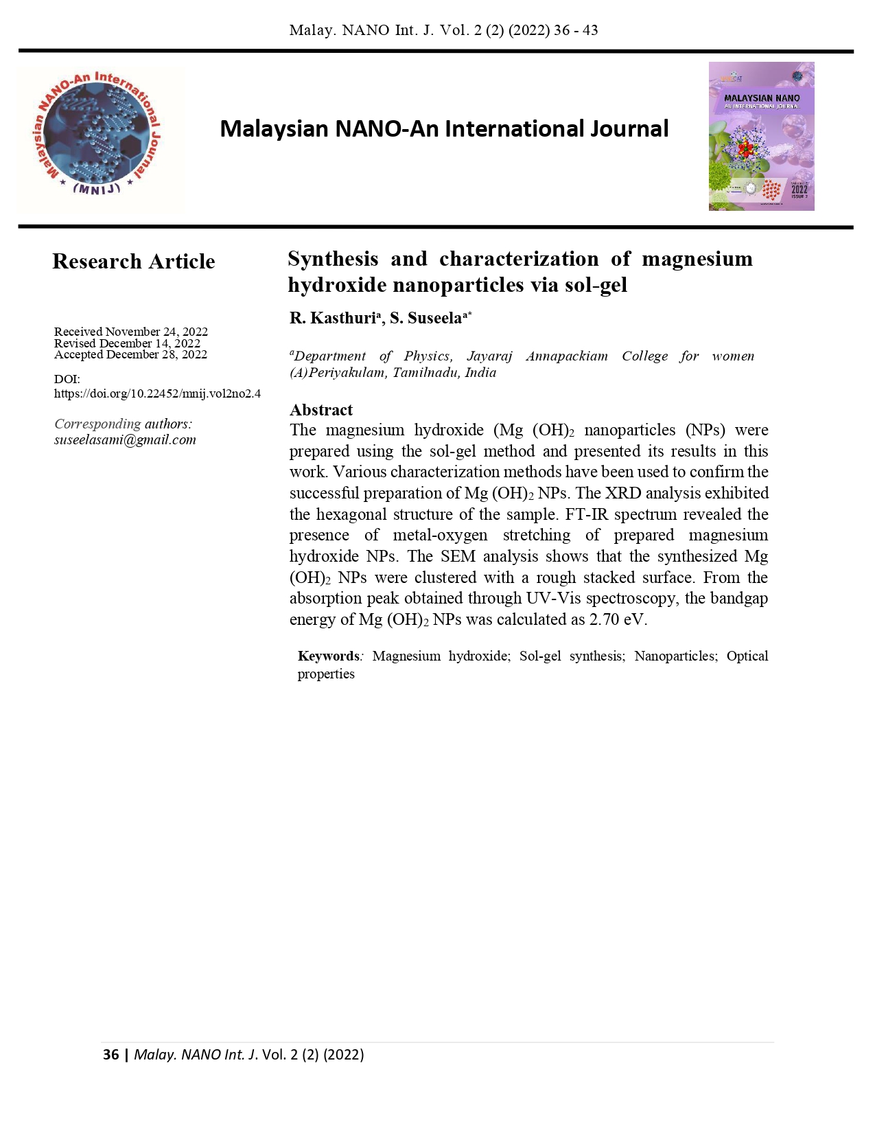 Synthesis and characterization of magnesium hydroxide nanoparticles via sol-gel