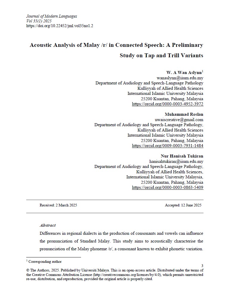 Acoustic Analysis of Malay /r/ in Connected Speech: A Preliminary Study on Tap and Trill Variants